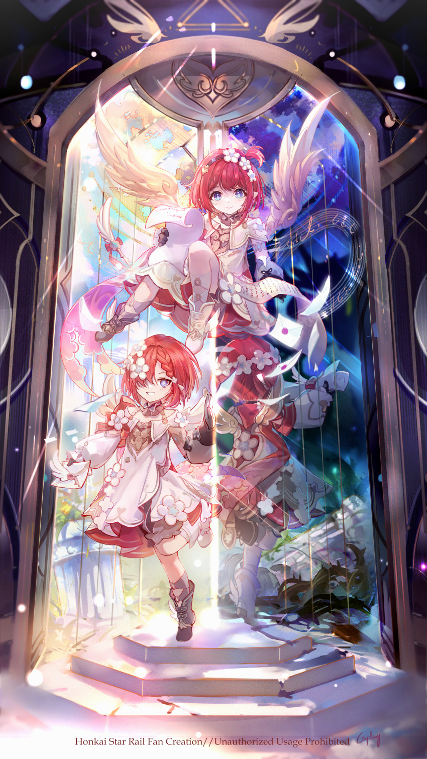 2girls absurdres angel_wings asymmetrical_legwear black_footwear black_gloves blue_eyes commentary_request csyday dress floating flower gloves hair_flower hair_ornament highres holding holding_letter holding_paper honkai:_star_rail honkai_(series) letter mirror mismatched_legwear mixed-language_commentary multiple_girls paper pointy_ears red_hair reflection short_hair smile standing standing_on_one_leg tribbie_(honkai:_star_rail) white_dress white_footwear wings
