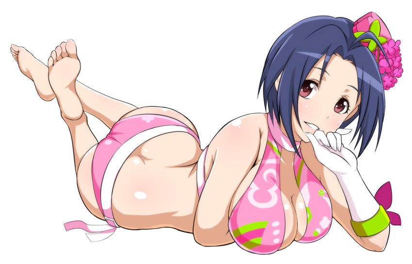 1girl ass back bare_shoulders bikini blush breasts brown_hair feet flower gloves half_gloves hat idolmaster idolmaster_(classic) jabara_tornado large_breasts looking_at_viewer lying miura_azusa on_stomach pink_bikini pink_hair print_bikini red_eyes short_hair simple_background smile soles swimsuit teeth toes white_background white_gloves