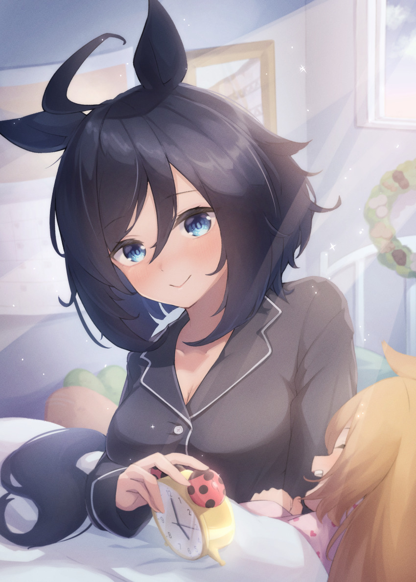 2girls absurdres ahoge alarm_clock animal_ears beautifulinsnow bed black_hair black_pajamas blanket blush breasts brown_hair cleavage clock commentary_request eishin_flash_(umamusume) hair_between_eyes highres horse_ears horse_girl horse_tail indoors lens_flare long_hair loungewear messy_hair multiple_girls open_mouth pajamas short_hair smart_falcon_(umamusume) smile tail umamusume