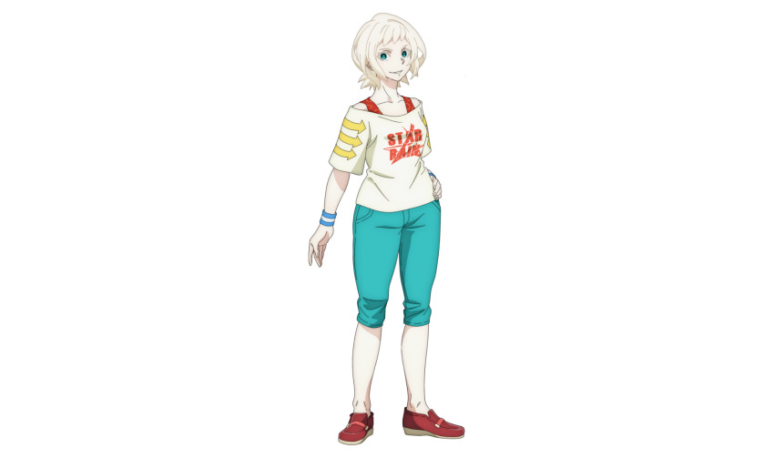 1girl aqua_pants blue_eyes collarbone full_body highres looking_at_viewer official_art pants red_shoes red_tank_top shangri-la_frontier shirt shoes smile solo standing sylvia_goldberg tachi-e tank_top transparent_background v-shaped_eyebrows white_hair white_shirt