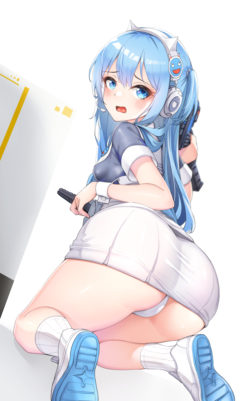1girl absurdres animal_ear_headphones animal_ears ass blue_eyes blue_hair blush breasts dress fake_animal_ears from_behind full_body goddess_of_victory:_nikke headphones headset highres holding holding_magazine_(weapon) holding_weapon kamikili kneeling long_hair looking_at_viewer looking_back magazine_(weapon) open_mouth panties shifty_(nikke) shoes short_sidetail short_sleeves sidelocks small_breasts smiley_face sneakers socks solo thighs underwear weapon white_panties white_socks wrist_cuffs