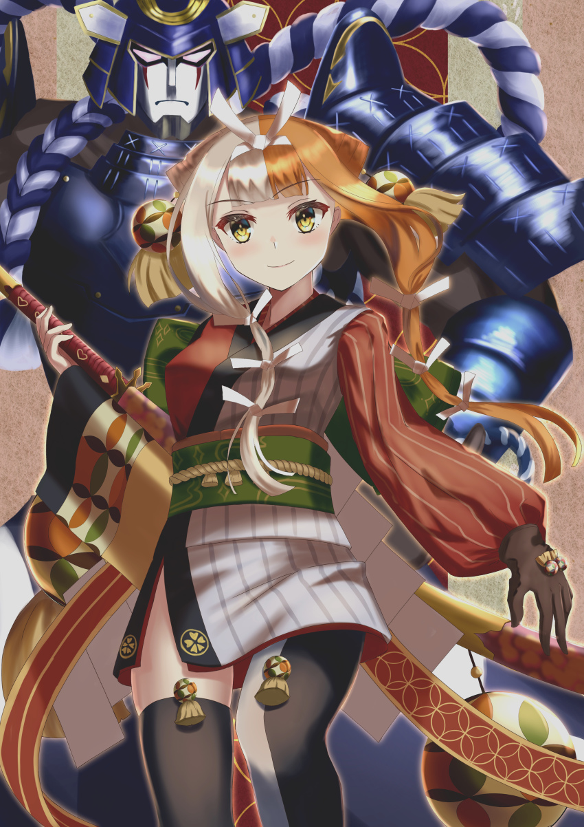 1girl absurdres blunt_bangs blush breasts brown_hair fate/grand_order fate_(series) hair_ornament hair_ribbon highres izumo_no_okuni_(fate) japanese_clothes kimono long_hair long_sleeves looking_at_viewer medium_breasts multicolored_hair narukamikagerou ribbon sidelocks silver_hair smile split-color_hair thighs two-tone_hair wide_sleeves yellow_eyes zanzaburou_(fate)