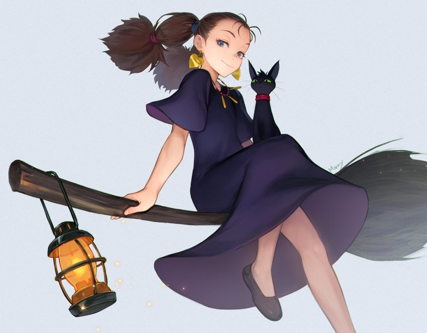 1girl artist_name black_cat black_shoes blue_eyes broom broom_riding brown_hair cat collar dress earrings female_focus heart heart_earrings jewelry lantern majo_no_takkyuubin morry multi-tied_hair necklace purple_dress senior_witch_(majo_no_takkyuubin) shoes simple_background smug solo twintails witch