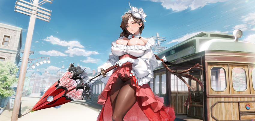 1girl areola_slip armpit_crease black_panties blue_sky braid breasts brown_hair brown_pantyhose bursting_breasts cleavage cloud collar collarbone corset dress feather_hair_ornament feathers flower frilled_dress frills game_cg gem gloves hair_ornament hair_ribbon hat_feather high-low_dress high-low_skirt high_heels highres holding holding_umbrella huge_breasts jewelry keumran_(last_origin) lace lace-trimmed_umbrella lace_panties lace_skirt lamppost last_origin layered_skirt long_hair long_skirt looking_at_viewer micro_panties neck_ribbon necklace official_alternate_costume official_art outdoors panties pantyhose parted_lips pink_footwear pinkmill puffy_sleeves red_corset red_gemstone red_skirt red_umbrella ribbon ribbon-trimmed_panties ribbon_trim road road_sign rose sign simple_background single_braid skindentation skirt sky solo standing street streetcar string_panties tachi-e thick_thighs thighs transparent_background umbrella umbrella_flower underwear utility_pole veil white_collar white_dress white_feathers white_flower white_gloves white_headwear white_ribbon white_rose yellow_eyes