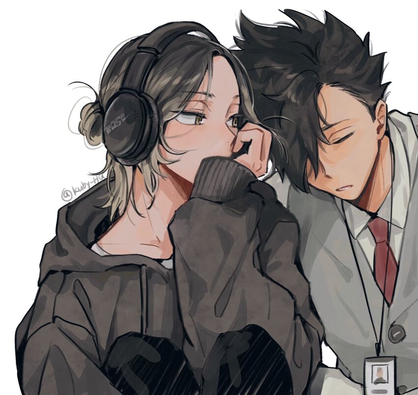 2boys black_hair black_hoodie black_pants blonde_hair brown_eyes closed_mouth collared_shirt covered_mouth covering_own_mouth formal_clothes gradient_hair grey_vest haikyuu!! hair_over_one_eye headphones highres hood hood_down hoodie id_card kozume_kenma kuby_hq kuroo_tetsurou long_sleeves looking_at_another male_focus multicolored_hair multiple_boys necktie one_eye_covered pants parted_hair parted_lips red_necktie shirt sleeves_past_wrists spiked_hair teeth twitter_username vest white_background white_shirt wing_collar