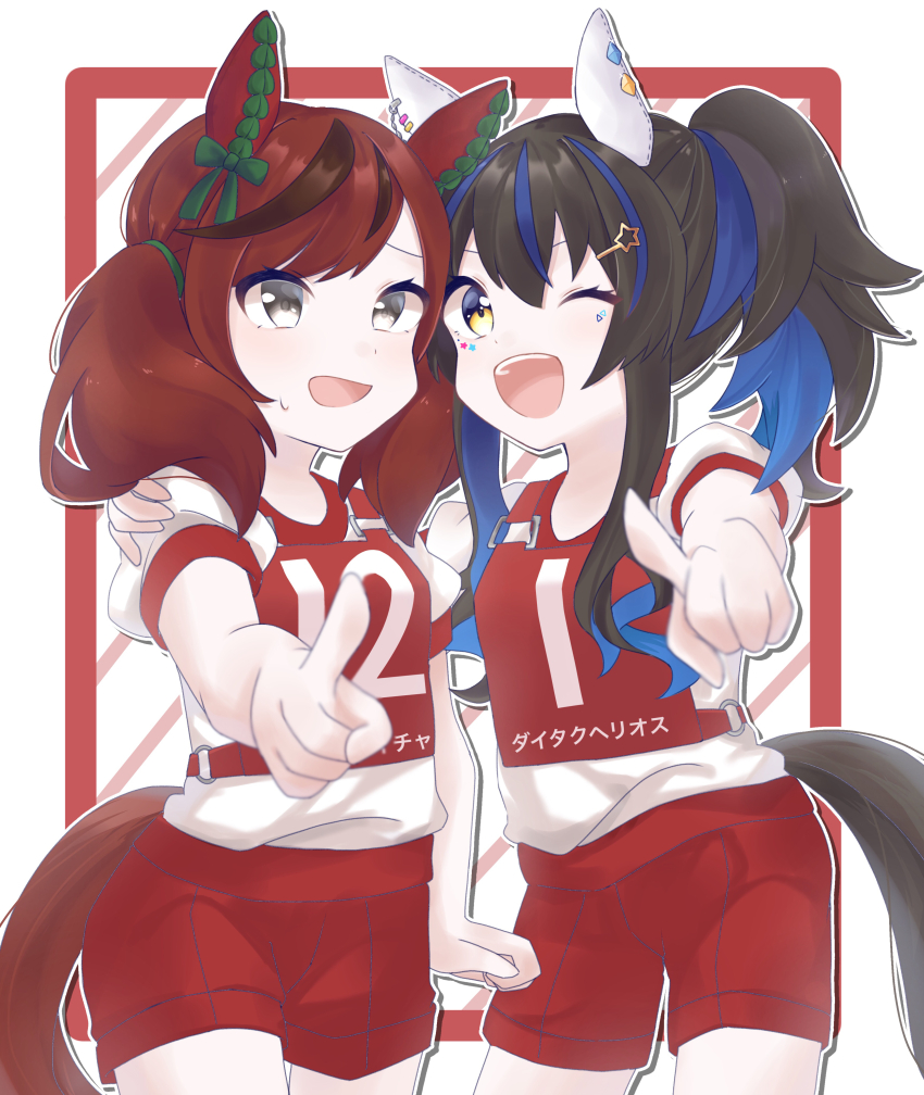 2girls absurdres animal_ears blue_hair bow brown_hair colored_inner_hair commentary_request cowboy_shot daitaku_helios_(umamusume) ear_bow ear_covers ear_piercing facial_tattoo green_bow hair_ornament hairclip highres horse_ears horse_girl horse_tail kohainu looking_at_viewer medium_hair multicolored_hair multiple_girls nice_nature_(umamusume) one_eye_closed original_race_uniform_(umamusume) piercing pointing pointing_at_viewer puffy_short_sleeves puffy_sleeves race_bib red_hair red_shorts shirt short_sleeves shorts side_ponytail simple_background smile star_(symbol) star_hair_ornament streaked_hair tail tattoo twintails umamusume white_background white_shirt yellow_eyes