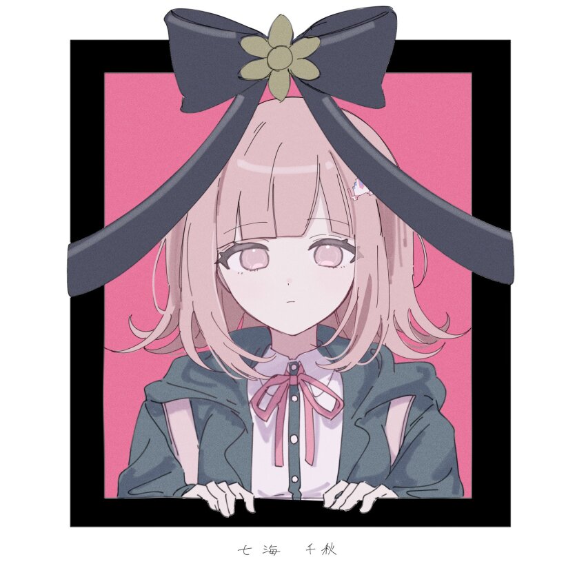1girl brown_hair collared_shirt danganronpa_(series) danganronpa_2:_goodbye_despair flipped_hair galaga hair_ornament highres iei jacket long_sleeves medium_hair nanami_chiaki neck_ribbon open_clothes open_jacket pink_eyes pink_ribbon pote_(pote_39) ribbon shirt solo spaceship_hair_ornament white_shirt