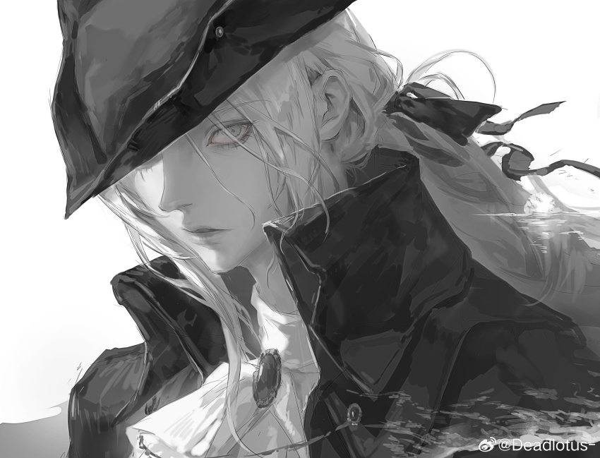 1girl absurdres ascot black_jacket bloodborne gem grey_eyes hat high_collar highres jacket jiao_chang lady_maria_of_the_astral_clocktower long_hair looking_at_viewer looking_to_the_side pale_skin solo tricorne upper_body watermark weibo_watermark white_ascot white_background white_hair