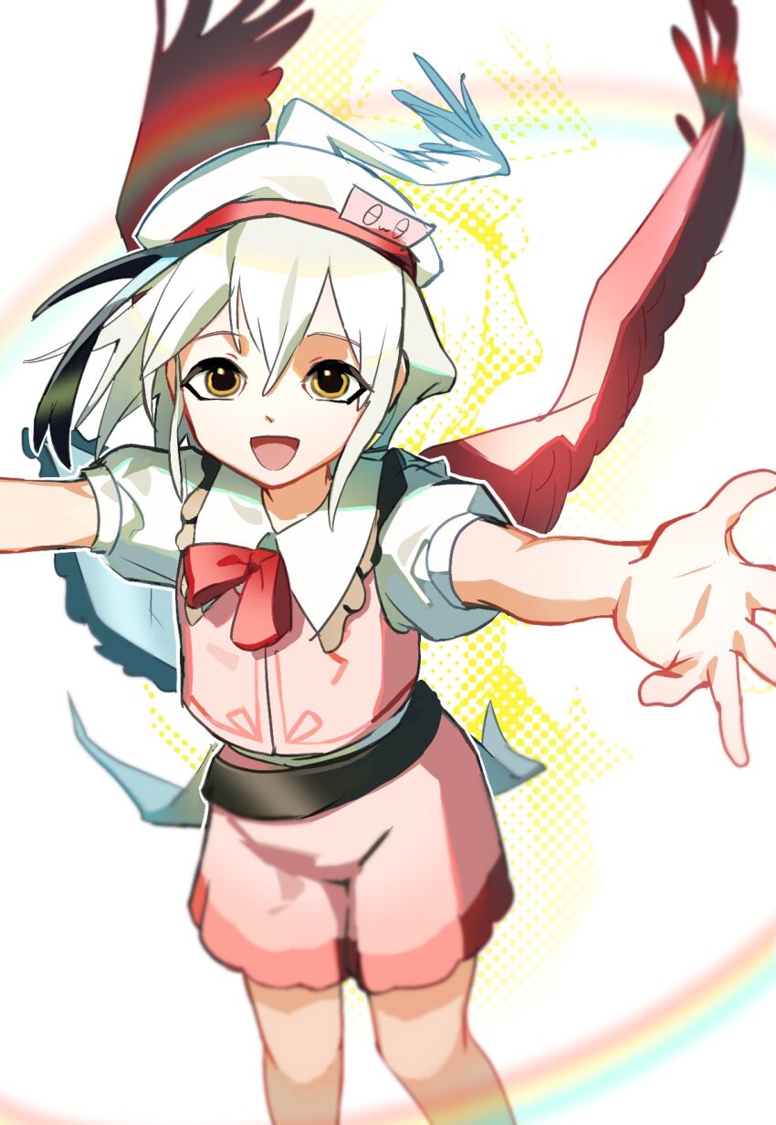 1girl bare_arms belt beret bird_wings black_belt black_hair bow bowtie cargo_shorts collared_shirt commentary cowboy_shot dot_nose drop_shadow favnvs_(s910a_ib6) feathered_wings floating_hair frilled_shirt_collar frills hair_between_eyes hashtag-only_commentary hat highres hollow_song_of_birds knees looking_at_viewer multicolored_hair open_mouth original outstretched_arms palms pink_shorts pink_vest puffy_short_sleeves puffy_sleeves rainbow red_bow red_bowtie red_wings shirt short_hair short_sleeves shorts smile solo spread_wings streaked_hair torisumi_horou touhou vest white_background white_hair white_hat white_shirt wings yellow_eyes