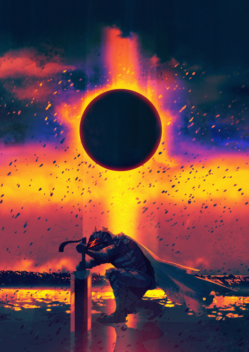 1boy absurdres armor berserk black_sun cape doorwood from_side full_armor full_body greatsword guts_(berserk) highres holding holding_sword holding_weapon male_focus on_one_knee planted planted_sword planted_weapon reflective_floor solo sun sword weapon