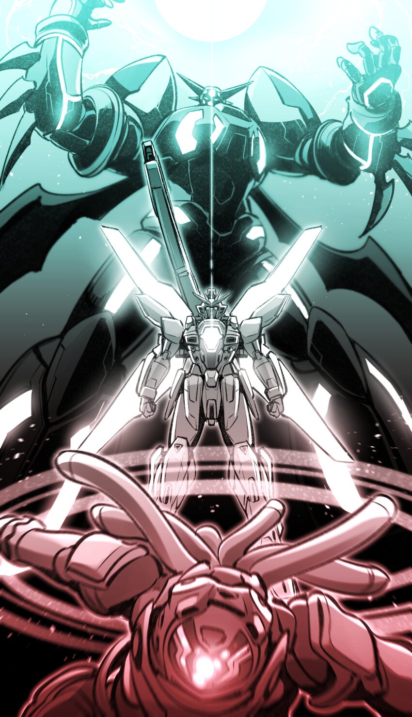 absurdres after_war_gundam_x another_century&#039;s_episode another_century&#039;s_episode:_3 armor beam_cannon commentary_request crossover energy_ball energy_gun energy_orb getter_rays getter_robo glowing glowing_eyes green_light gundam gundam_x highres holding holding_weapon kato_takuji king_gainer looking_at_viewer mecha mecha_focus mobile_suit no_humans overman_king_gainer robot satellite_cannon science_fiction shin_getter-1 shin_getter_robo stoner_sunshine super_robot super_robot_wars v-fin weapon wings