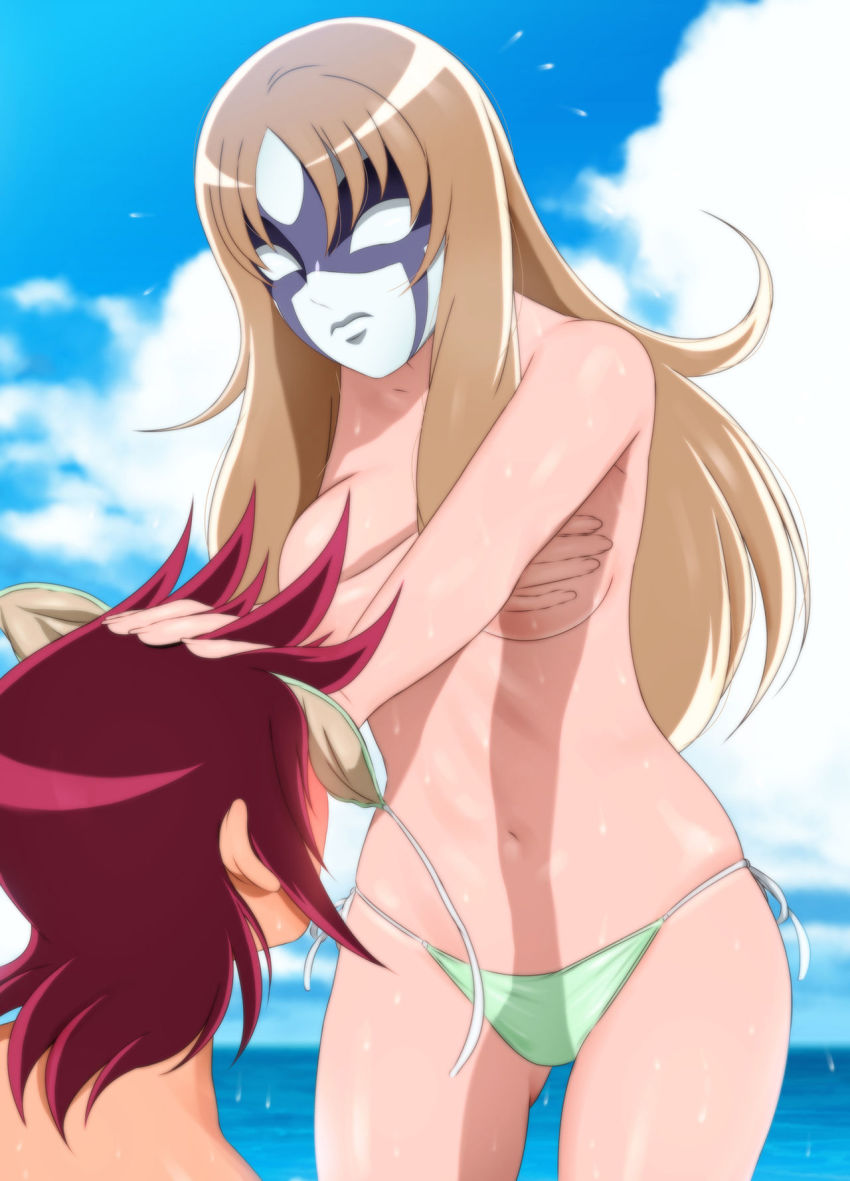 1boy 1girl aquila_yuna beach bikini blush breasts covered_face covering_breasts covering_face covering_nipples covering_privates day embarrassed faceless faceless_female green_bikini groin hand_on_another&#039;s_head highres legs light_brown_hair long_hair looking_at_another mask medium_breasts navel ocean open_mouth outdoors pegasus_koga red_hair saint_seiya saint_seiya_omega sky standing swimsuit thighs topless_female unworn_bikini_top water yadokari_genpachirou