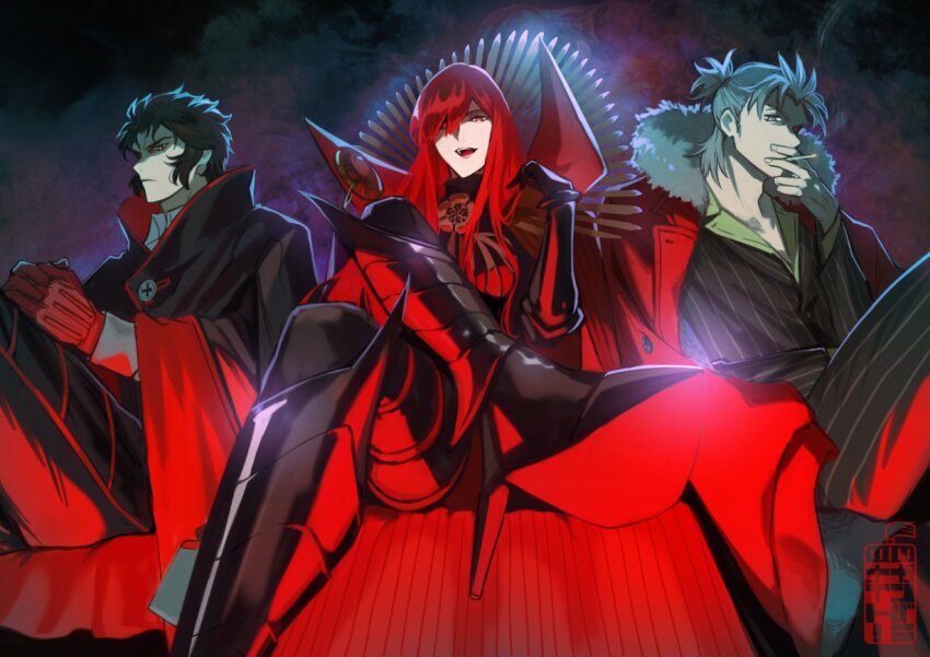 1girl 2boys black_hair boots cape cigarette crossed_legs fate/grand_order fate_(series) formal_clothes gloves grey_eyes grey_hair hair_over_one_eye high_heel_boots high_heels hijikata_toshizou_(fate) holding holding_cigarette jacket jacket_on_shoulders multiple_boys oda_nobunaga_(fate) oda_nobunaga_(maou_avenger)_(fate) red_cape red_eyes red_gloves red_hair smoking striped_suit suit takeda_shingen_(fate) teria_(teriarian)