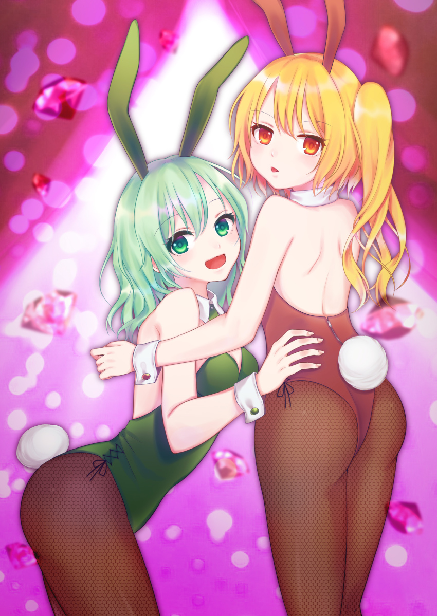 2girls absurdres animal_ears ass back bare_arms bare_shoulders blonde_hair breasts brown_legwear detached_collar diamond_(gemstone) flandre_scarlet gem green_eyes green_hair highres komeiji_koishi leaning_forward leotard looking_at_viewer multiple_girls open_mouth pantyhose pink_background playboy_bunny rabbit_ears red_eyes rnkgmn side_ponytail small_breasts smile standing touhou wrist_cuffs
