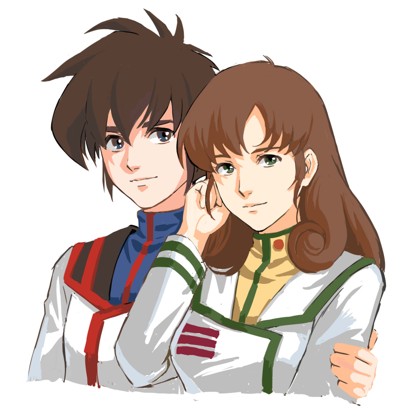 1boy 1girl absurdres arms_behind_back brown_hair choujikuu_yousai_macross couple good_end green_eyes highres ichijou_hikaru lisa_hayes looking_at_viewer macross macross:_do_you_remember_love? macross:_the_first military military_uniform misa_hayase nekkikamille rick_hunter robotech science_fiction sideburns simple_background sketch spiked_hair upper_body white_background