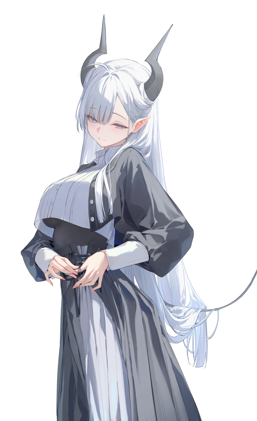 1girl adjusting_skirt black_bodysuit black_horns black_jacket black_skirt bodysuit breasts closed_mouth commentary crop_top crop_top_overhang cropped_jacket cropped_shirt demon_girl demon_horns demon_tail dress-up fingernails grey_eyes highres horns jacket large_breasts long_fingernails long_hair long_skirt long_sleeves looking_down multicolored_skirt nail_polish nekojira open_clothes open_jacket original parted_bangs pink_nails pleated_skirt pointy_ears puffy_long_sleeves puffy_sleeves shirt simple_background skirt solo symbol-only_commentary tail thea_(nekojira) underboob white_background white_hair white_shirt