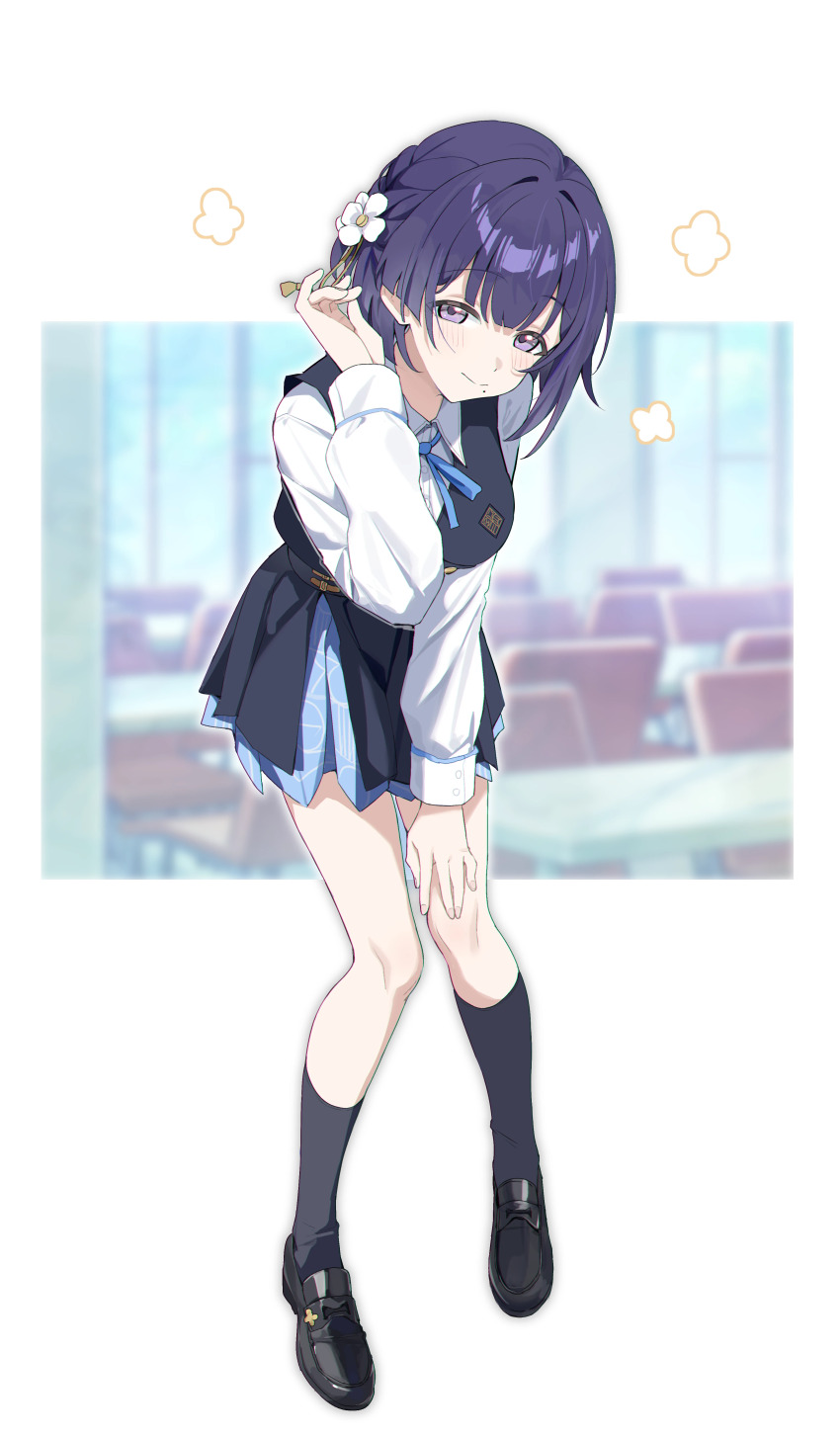 1girl absurdres black_overskirt black_shoes black_socks black_vest blue_ribbon blue_skirt blurry blurry_background blush breasts gakuen_idolmaster hand_on_own_thigh hataya_misuzu hatsuboshi_gakuen_school_uniform highres idolmaster kneehighs leaning_forward loafers long_sleeves looking_at_viewer medium_breasts mole mole_under_mouth neck_ribbon pleated_skirt purple_eyes purple_hair ribbon school_uniform shirt shoes short_hair skirt skirt_set smile socks solo tamago_(eva1314056) vest white_shirt