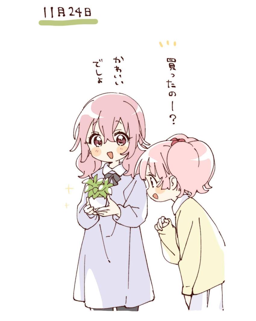 2girls :d black_pantyhose black_ribbon blue_dress blush_stickers collared_dress commentary_request contrast_collar cropped_legs dress hair_between_eyes hair_bobbles hair_ornament hand_up highres holding holding_plant long_sleeves multiple_girls namori neck_ribbon open_mouth pantyhose pink_eyes pink_hair plant pleated_skirt potted_plant ribbon shirt short_hair siblings simple_background sisters skirt smile sparkle translation_request twintails white_background white_skirt yellow_shirt yoshikawa_chinatsu yoshikawa_tomoko yuru_yuri