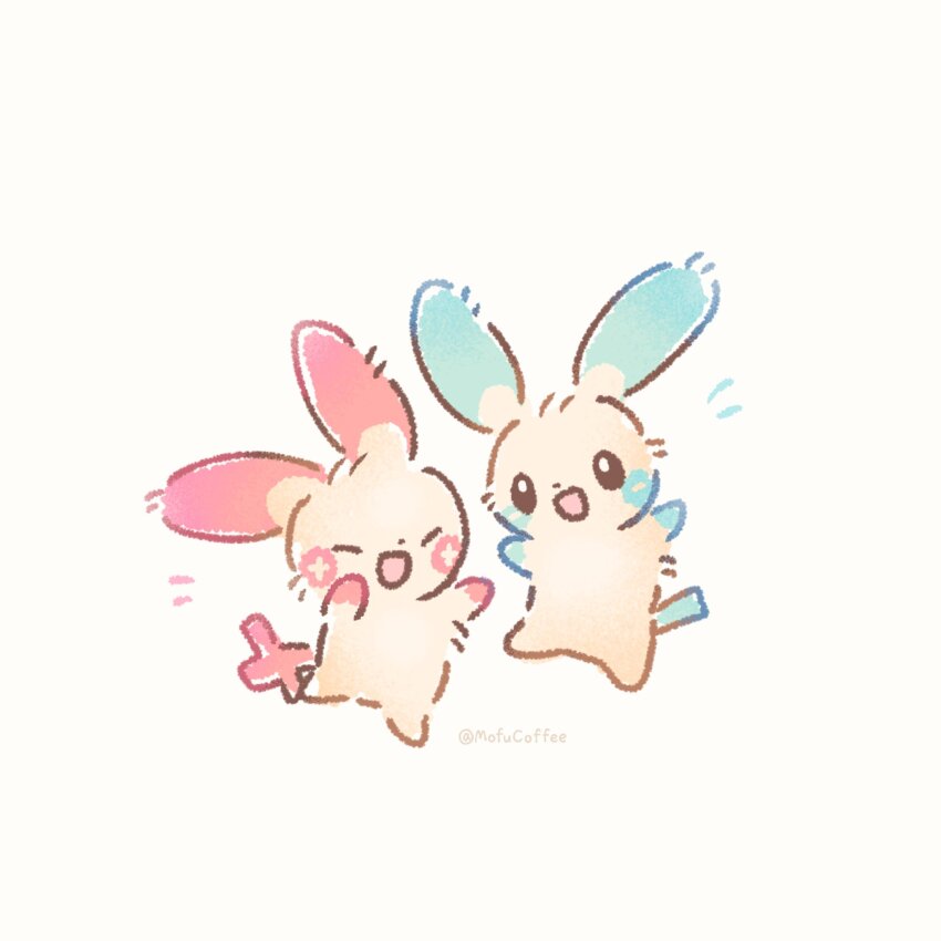 :d ^_^ animal_focus artist_name black_eyes bright_pupils closed_eyes full_body gen_3_pokemon happy highres looking_at_viewer minun mofucoffee nintendo notice_lines open_mouth plusle pokemon pokemon_(creature) simple_background smile twitter_username white_background white_pupils
