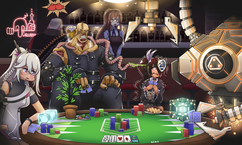 1boy 1other 3girls ace_(playing_card) alcohol apron artist_name bald bandolier bar_(place) beer beer_mug belt black_kimono black_nails braid breasts brown_apron bug card collapse_piece commission crossover cup dark-skinned_female dark_skin deep_rock_galactic eight_of_clubs elmo_dormitory_outfit fingerless_gloves fly food girls&#039;_frontline gloves green_eyes hair_between_eyes hair_over_one_eye hair_ribbon hair_rings heavy_(tf2) heavy_breathing herb highres holding holding_card indoors insect japanese_clothes joker_(playing_card) kilroy_was_here kimono large_breasts long_hair mug multiple_crossover multiple_girls name_connection nemesis_(deep_rock_galatic) nemesis_(girls&#039;_frontline_2) nemesis_(resident_evil) nemesis_(to_love-ru) open_mouth playing_card poker_chip poker_table pot_of_greed purple_eyes purple_ribbon red_hair red_heavy_(tf2) red_shirt resident_evil ribbon robot scared serjatronic shirt sitting springfield_(girls&#039;_frontline) table takoyaki team_fortress_2 tentacles to_love-ru vest white_hair white_shirt yellow_eyes