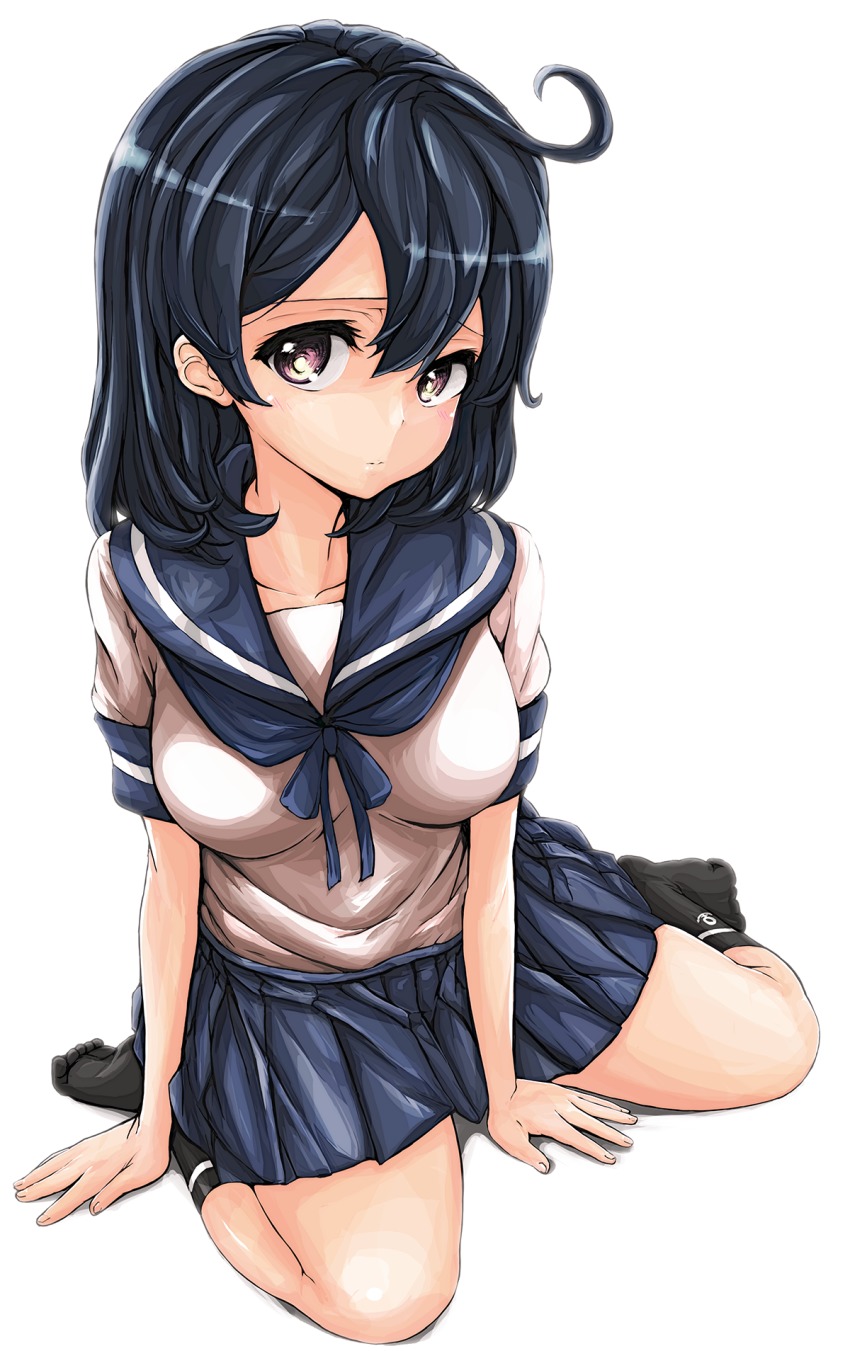 10s 1girl ahoge bad_id bad_pixiv_id black_eyes black_hair black_socks breasts collarbone female_focus full_body highres kantai_collection kneehighs large_breasts long_hair looking_at_viewer miniskirt nanai pleated_skirt school_uniform serafuku short_sleeves simple_background sitting skirt socks solo ushio_(kancolle) wariza white_background