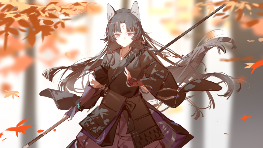 1girl absurdres animal_ears arknights beads black_hair black_kimono brown_eyes cowboy_shot dog_ears dog_girl falling_leaves highres holding holding_staff japanese_clothes kimono leaf long_hair luozhou_pile prayer_beads saga_(arknights) solo staff