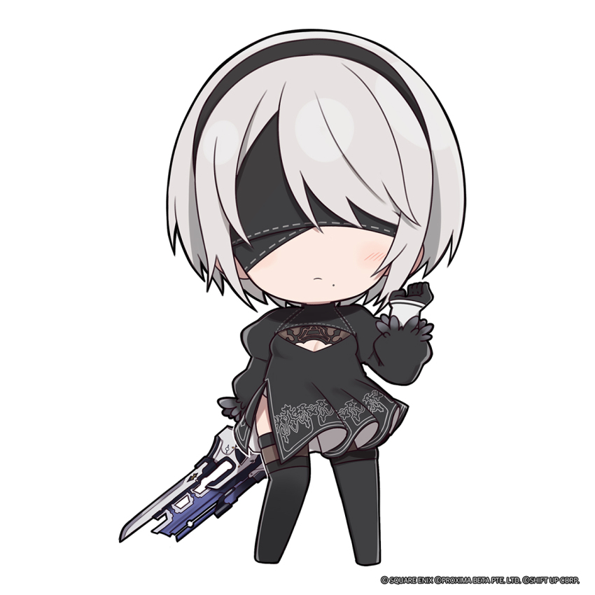 1girl 2b_(nier:automata) black_blindfold black_dress black_gloves black_hairband black_thighhighs blindfold breasts chibi cleavage cleavage_cutout closed_mouth clothing_cutout commentary covered_eyes crossover dress english_commentary full_body gloves goddess_of_victory:_nikke bad_tag gun hairband highres holding holding_gun holding_weapon juliet_sleeves light_frown long_sleeves mole mole_under_mouth nier:automata nier_(series) official_art puffy_sleeves small_breasts solo standing thighhighs thighs totatokeke weapon
