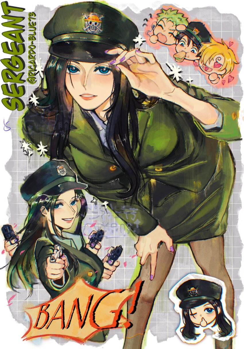 1girl 3boys blonde_hair blue_eyes brown_pantyhose eating extra_arms food_in_mouth green_hair gun heart heart-shaped_pupils highres holding holding_gun holding_weapon long_hair long_sleeves looking_at_viewer military_uniform monkey_d._luffy multiple_boys nico_robin one_piece pantyhose purple_nails roronoa_zoro sanji_(one_piece) smile spiked_hair symbol-shaped_pupils weapon yoki_(ricardo_blue73)