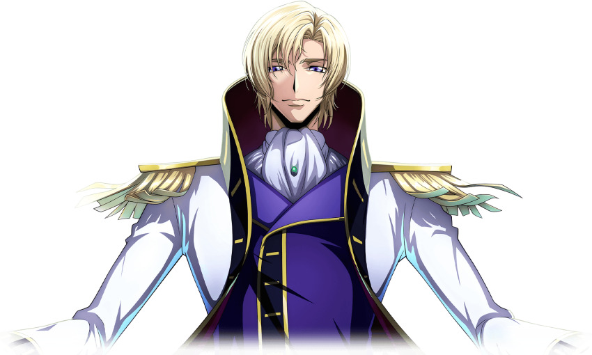 1boy ascot blonde_hair chess_piece coat code_geass code_geass:_lost_stories commentary_request dutch_angle epaulettes f4samurai game_cg gem gloves green_gemstone grey_eyes hand_on_own_face hands_up high_collar highres holding holding_chess_piece indoors jacket long_sleeves looking_at_viewer male_focus official_art open_clothes open_coat purple_jacket schneizel_el_britannia short_hair sidelocks sitting smile solo upper_body white_ascot white_coat white_gloves