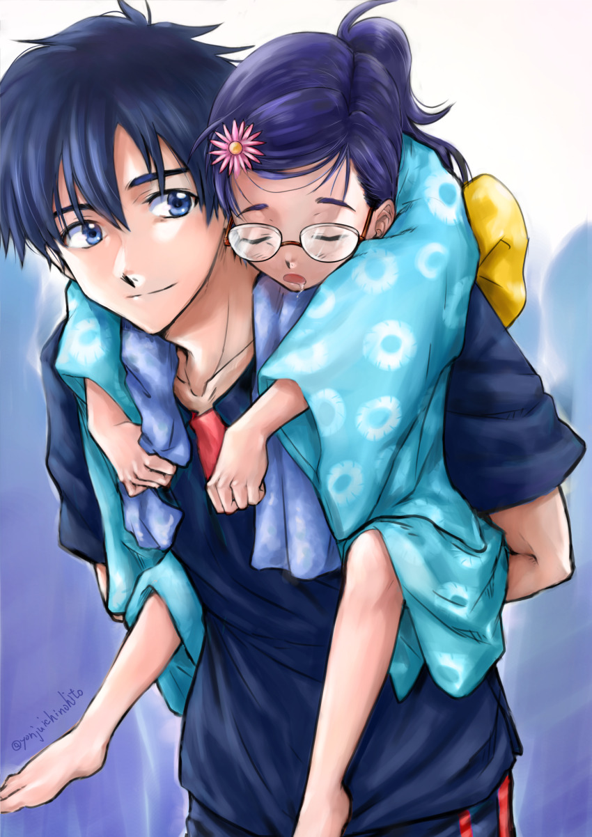 1boy 1girl ajiro_shinpei arms_behind_back barefoot black_hair black_shirt blue_eyes carrying child drooling father_and_daughter flower glasses hair_flower hair_ornament highres japanese_clothes kimono long_sleeves piggyback shijuuichi shirt summertime_render twitter_username wide_sleeves