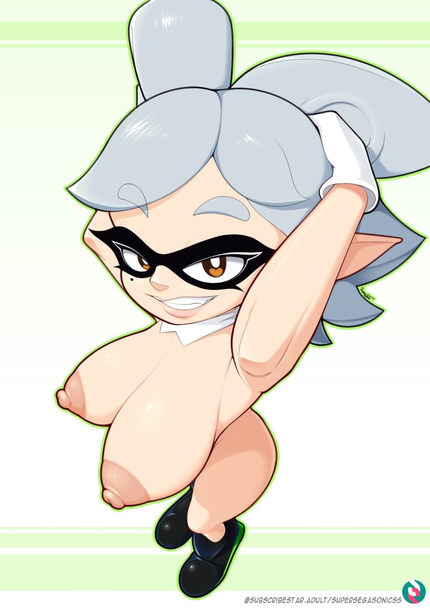 1girl artist_name bad_id bad_twitter_id completely_nude gloves grey_hair highres inkling marie_(splatoon) mole nintendo nipples nude pointy_ears seductive_smile shoes signature smile splatoon_(series) splatoon_1 supersegasonicss tagme tentacle_hair white_gloves