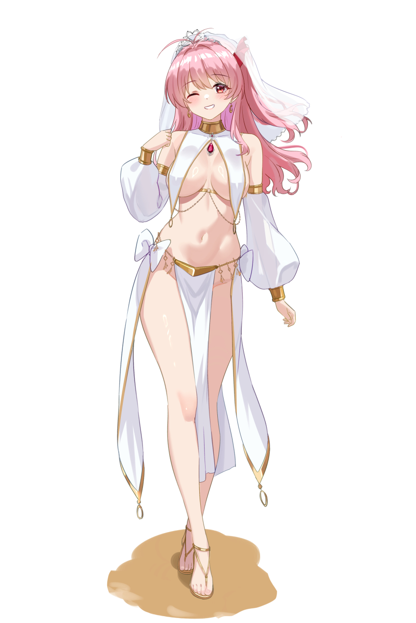 1girl absurdres antenna_hair bare_shoulders breast_curtains breasts chaos;head crossed_legs dancer detached_sleeves earrings full_body gher5 gold_trim grin hand_up highres jewelry large_breasts long_hair long_sleeves looking_at_viewer navel no_panties one_eye_closed one_side_up pelvic_curtain pink_hair puffy_long_sleeves puffy_sleeves red_eyes revealing_clothes sakihata_rimi sandals science_adventure see-through_clothes see-through_sleeves simple_background smile solo standing stomach thighs veil watson_cross white_background white_veil