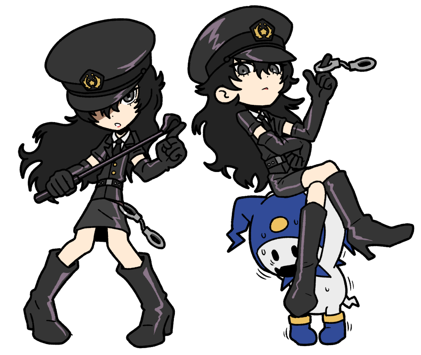 1boy :o absurdres amamiya_ren belt black_belt black_boots black_gloves black_hair black_hat black_jacket black_necktie black_skirt boots closed_mouth collared_shirt crossdressing crossed_legs cuffs dominator_(bdsm) elbow_gloves frown full_body gloves grey_eyes hair_between_eyes handcuff_dangle handcuffs hat heavy high_heel_boots high_heels highres holding holding_handcuffs holding_riding_crop jack_frost_(megami_tensei) jacket knee_boots lipstick long_hair looking_at_viewer makeup male_focus multiple_views necktie one_eye_covered parted_lips persona persona_5 persona_5:_dancing_star_night persona_dancing police police_hat police_uniform red_lips riding_crop sach56000 shirt short_sleeves simple_background sitting sitting_on_person skirt standing sweat trap white_background white_shirt wing_collar