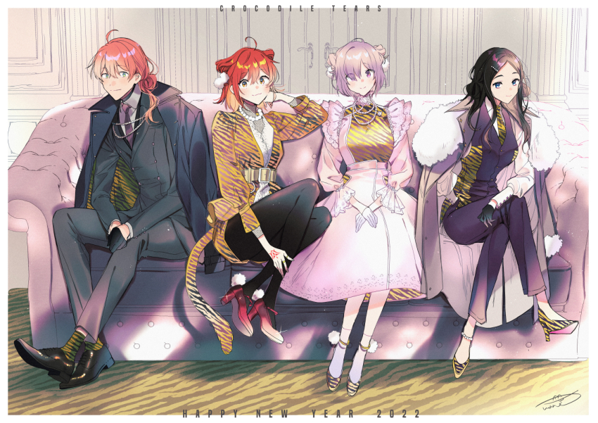 1boy 3girls alternate_costume alternate_hairstyle animal_print belt belt_buckle black_gloves black_jacket black_pants black_pantyhose black_vest brown_hair buckle collared_shirt command_spell couch crossed_legs dress dress_pants dress_shoes english_text fate/grand_order fate_(series) fishnets forehead formal_clothes fujimaru_ritsuka_(female) fur_trim gloves green_eyes hair_ornament hairpin half_gloves high_heels jacket jacket_on_shoulders leonardo_da_vinci_(fate) long_hair long_sleeves looking_at_viewer low_ponytail mash_kyrielight medium_hair multiple_girls necktie orange_eyes orange_hair pants pantyhose parted_bangs pom_pom_(clothes) pom_pom_hair_ornament ponytail purple_eyes purple_hair red_footwear romani_archaman shirt short_hair signature sitting smile suit tiger_print tiger_stripes vest wani_(mezo) white_dress white_gloves
