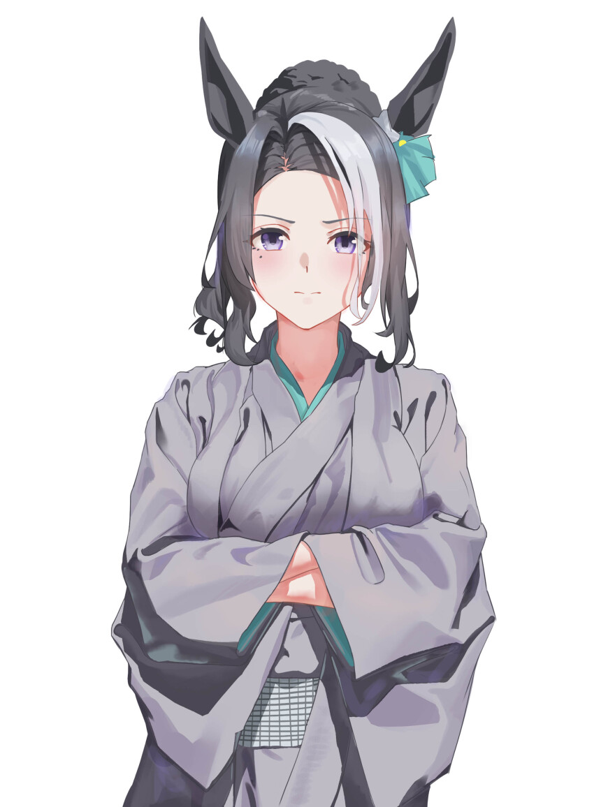 1girl absurdres black_hair grey_kimono highres japanese_clothes kimono looking_at_viewer mejiro_ramonu_(umamusume) mole mole_under_eye purple_eyes solo spiked_hair tuomali umamusume white_background wide_sleeves