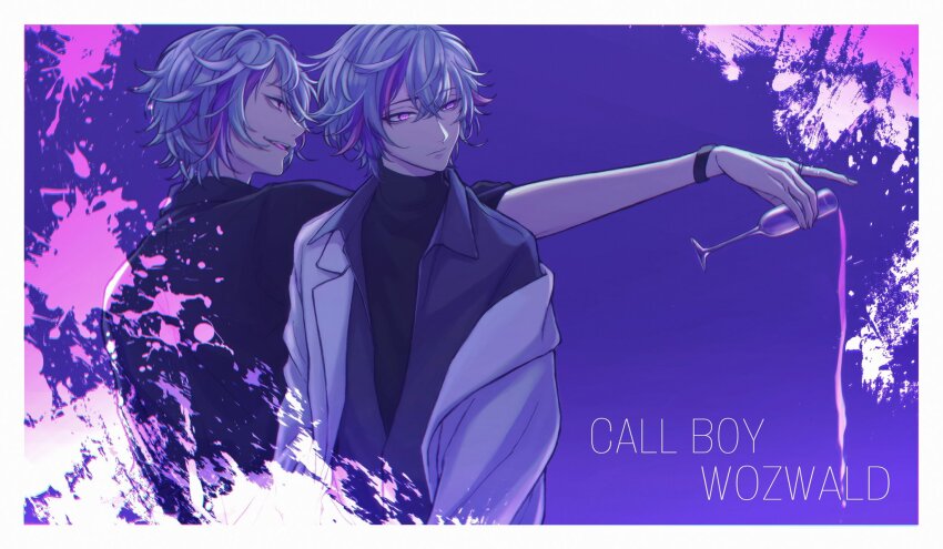 2boys black_shirt border bracelet call_boy_(vocaloid) character_name character_request check_character check_copyright closed_mouth collared_shirt commentary_request copyright_request cosplay cup drinking_glass english_text from_behind fuwa_minato gradient_background grey_jacket hair_between_eyes highres holding holding_cup jacket jacket_partially_removed jacket_under_jacket jewelry looking_to_the_side male_focus moxamog multicolored_hair multiple_boys nijisanji open_mouth pink_eyes pink_streaks purple_background purple_hair purple_liquid ring shirt short_hair smile sweater teeth turtleneck turtleneck_sweater two-tone_hair upper_body upper_teeth_only virtual_youtuber vocaloid white_border white_jacket wine_glass wozwald_(vocaloid)