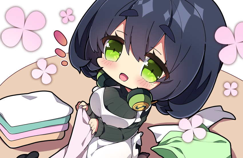 1girl :d apron black_hair black_sweater blush breasts chibi commentary_request flower folded_clothes folding_clothes green_eyes hair_between_eyes headphones headphones_around_neck highres kyoumachi_seika large_breasts laundry looking_at_viewer milkpanda notice_lines open_mouth pink_flower ribbed_sweater short_eyebrows smile solo sweater thick_eyebrows voiceroid white_apron white_background