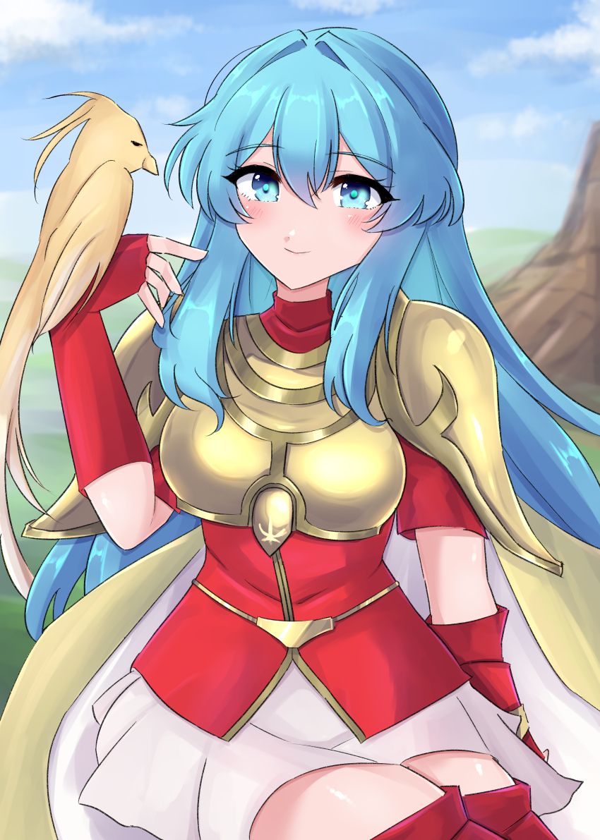 1girl absurdres aqua_eyes aqua_hair armor bird bird_on_hand breastplate cape closed_mouth eirika_(fire_emblem) fingerless_gloves fire_emblem fire_emblem:_the_sacred_stones gloves hair_between_eyes highres long_hair looking_at_viewer nintendo pauldrons red_gloves red_shirt shirt shoulder_armor sidelocks skirt smile white_skirt yukito6079