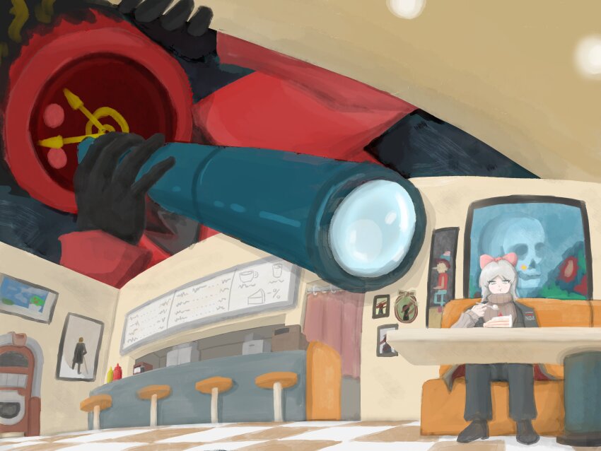 absurdres bar_stool cake cash_register checkered_floor coffee_mug cup curtains dante_(limbus_company) diner eating faust_(project_moon) food hair_ribbon highres jukebox limbus_company menu_board mug picture_frame pie project_moon ribbon senlidoesstuff skull spyglass stool tomodachi_life