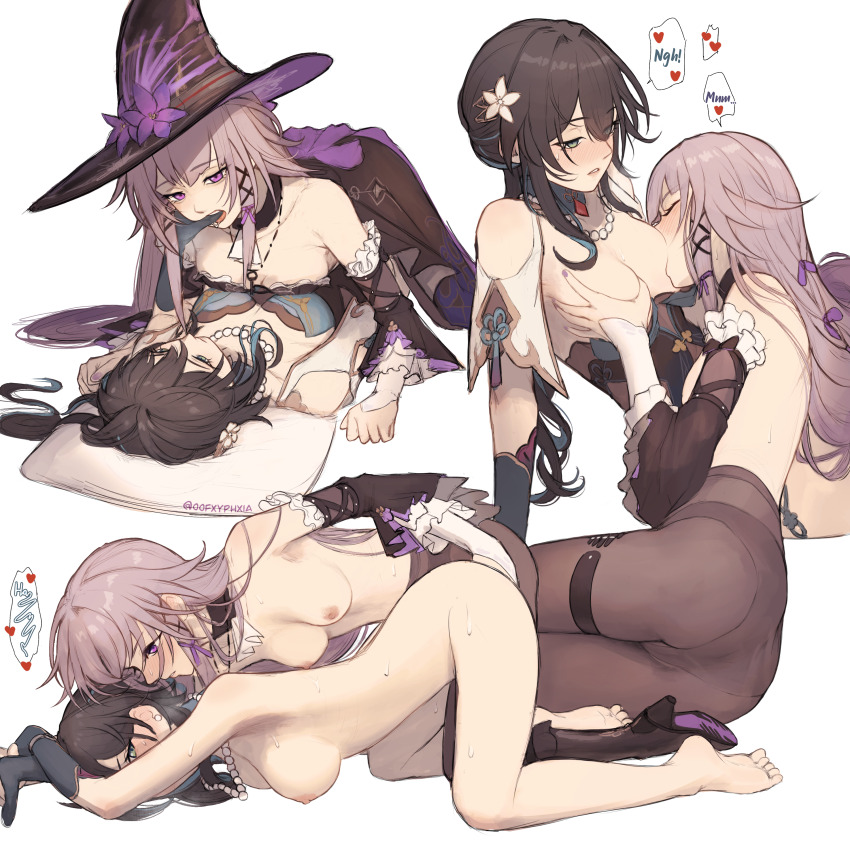 2girls absurdres ascot ass barefoot bead_necklace beads black_boots black_pantyhose black_sleeves blush boots breast_sucking breasts breath brown_hair closed_mouth commentary completely_nude dress feet fingering flower flower_hairclip girl_on_top gloves grabbing_another&#039;s_breast green_dress green_eyes green_gloves grey_hair groping hair_ribbon hair_spread_out hat hat_flower herta_(honkai:_star_rail) high_heel_boots high_heels highres honkai:_star_rail honkai_(series) jewelry key key_necklace kneeling long_hair long_sleeves looking_at_another lying medium_breasts multiple_girls multiple_views necklace nipples nude on_back oofxyphxia panties panties_under_pantyhose pantyhose parted_lips pillow purple_eyes purple_flower purple_ribbon ribbon ruan_mei_(honkai:_star_rail) sweat the_herta_(honkai:_star_rail) thighs thumb_to_mouth toes top-down_bottom-up topless_female torn_clothes torn_pantyhose twitter_username underwear very_long_hair white_ascot witch_hat yuri
