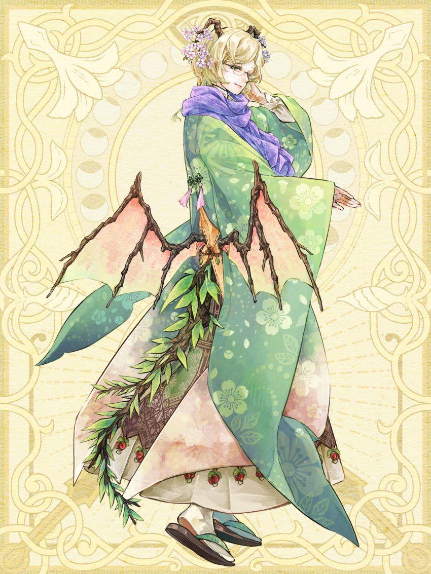 1boy angora_hamasaki blonde_hair brown_skirt chain_paradox cherry_blossoms closed_mouth coat dragon_boy dragon_tail dragon_wings flower food from_side fruit full_body glasses gradient_clothes gradient_coat green_coat green_eyes hakama hanabata_haru hand_in_own_hair haori highres horn_flower japanese_clothes leaf leaf_print long_sleeves looking_to_the_side low_wings male_focus medium_hair outstretched_arm overskirt patterned_clothing pink_coat pink_flower purple_scarf sakuramon sandals scarf shirt sideways_glance skirt socks solo standing strawberry strawberry_ornament swept_bangs tabi tail tassel tree_horns white_hakama white_shirt white_socks wide_sleeves wings yellow_background zouri