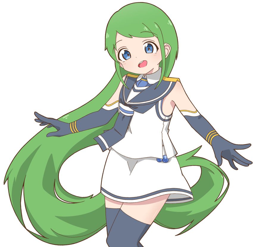 absurdres alternate_hair_color black_gloves black_thighhighs blue_eyes elbow_gloves gloves green_hair highres kantai_collection long_hair nairo samidare_(kancolle) school_uniform serafuku simple_background sleeveless thighhighs very_long_hair