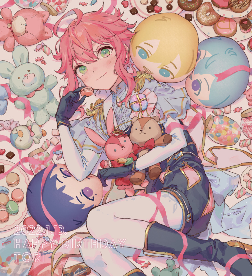 1boy ahoge black_boots black_gloves blush boots closed_mouth ensemble_stars! gloves green_eyes happy_birthday highres himemiya_tori holding holding_stuffed_toy long_sleeves looking_at_viewer lying male_focus on_side pink_hair pink_ribbon ribbon short_hair sidelocks smile solo stuffed_animal stuffed_toy yutsumoe