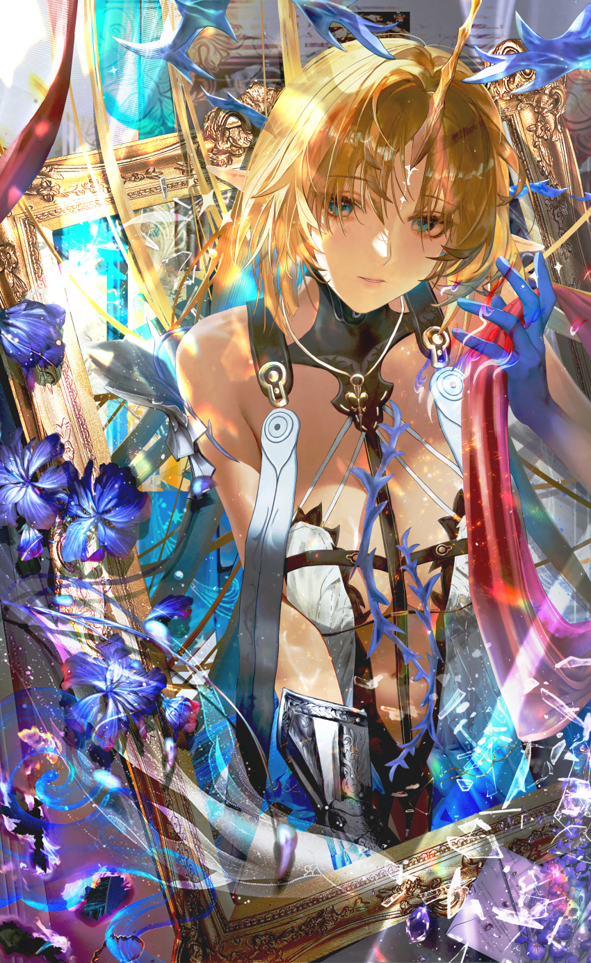 1girl absurdres bare_shoulders blonde_hair blue_eyes blue_hands breasts cartethyia_(wuthering_waves) center_opening chinese_commentary commentary_request hand_up highres horns jin_sumire large_breasts long_hair looking_at_viewer navel parted_lips picture_frame pointy_ears single_horn solo tacet_mark_(wuthering_waves) wuthering_waves yellow_horns