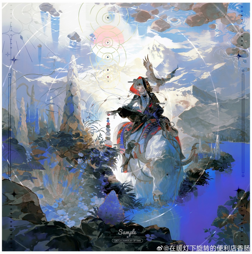 1boy absurdres beaded_hair_ornament bird cloud eagle eteru highres himalayas on_head original outdoors sky tibet tibetan_clothes yak