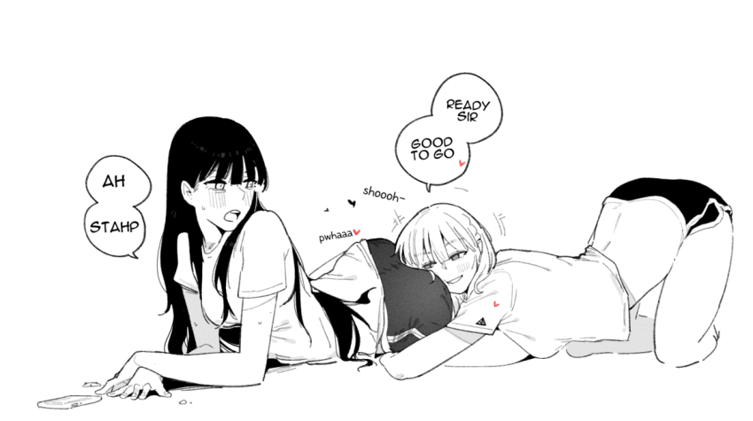 2girls ass blush cellphone cookie english_text face_in_ass female_commander_(girls&#039;_frontline) food girls&#039;_frontline greyscale grin heart hug huqu long_hair lying midriff monochrome multiple_girls on_stomach phone rpk-16_(girls&#039;_frontline) shorts smartphone smile sweat yuri