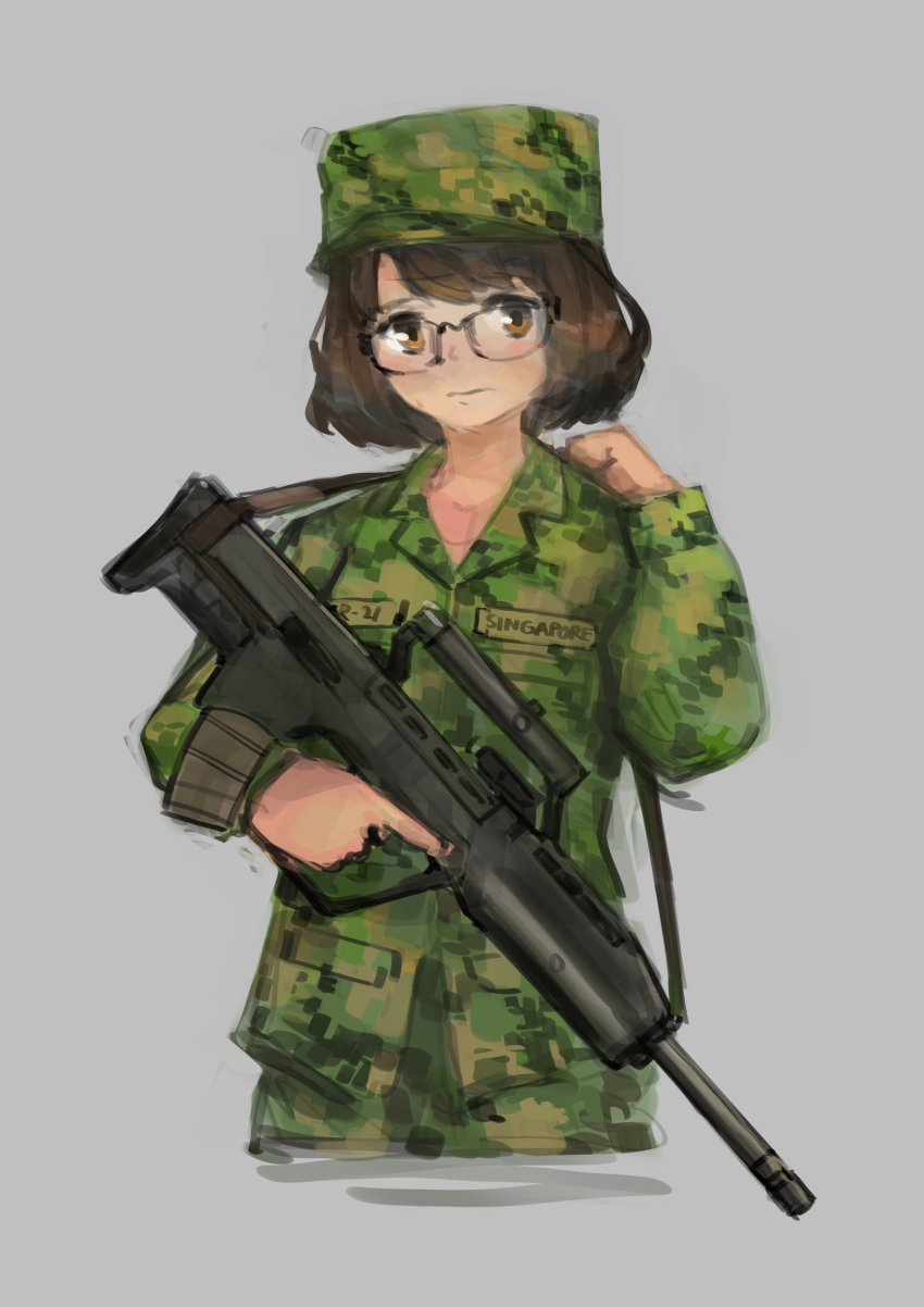 1girl assault_rifle brown_eyes brown_hair bullpup commentary english_commentary extended_barrel girls&#039;_frontline glasses grey_background gun highres holding holding_gun holding_weapon light_blush looking_to_the_side military military_uniform rifle sar-21_(girls&#039;_frontline) sar_21 singapore solo st_kinetics upper_body weapon xerbatt