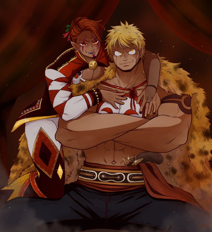 2boys absurdres arm_around_neck bakushou_(samayajonna) bara bellamy_(one_piece) blonde_hair buggy_the_clown_jolly_roger coat couple crossed_arms curtains dark-skinned_male dark_skin donquixote_doflamingo_jolly_roger frown headband highres hyena_(samayajonna) large_pectorals licking_lips looking_at_viewer male_focus multicolored_nails multiple_boys muscular muscular_male navel nipples oc_x_canon one_piece original pectoral_cleavage pectorals red_eyes serious short_hair smirk solo_focus tongue tongue_out upper_body yaoi