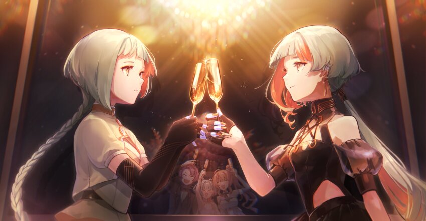 1boy 4girls arm_up black_dress black_gloves blunt_bangs cevio champagne_flute chandelier chis-a commentary cup dress drinking_glass dual_persona earrings elbow_gloves fingernails from_side gloves gold_nails green_hair green_shirt green_skirt half_gloves highres jewelry light_smile long_hair looking_at_another mi_no_take multicolored_hair multiple_girls orange_hair parted_lips ponytail puffy_short_sleeves puffy_sleeves satou_sasara shirt short_sleeves skirt streaked_hair suzuki_tsudumi takahashi_amato toasting_(gesture) two-tone_hair upper_body very_long_hair voisona yellow_eyes