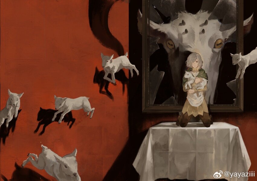 1boy animal black_eyes broken_glass brown_pantyhose chinese_commentary cloak closed_mouth commentary_request dungeon_meshi full_body glass goat goat_(dungeon_meshi) green_cloak grey_hair hair_over_one_eye holding holding_animal hood hood_down hooded_cloak knee_pads kneeling long_sleeves looking_at_viewer male_focus mithrun no_shoes on_table pantyhose picture_frame red_background shadow short_hair simple_background solo straight-on table tablecloth tunic watermark weibo_watermark worried yayaziiii yellow_tunic